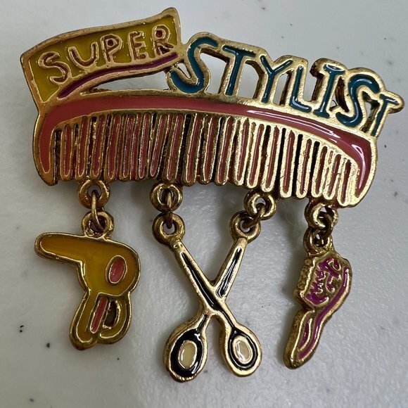 DM David Monn Super Stylist Brooch Charm Dangle Pink Yellow Enamel Gift Pin Used - Picture 2 of 6